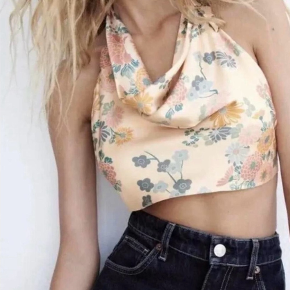 Zara Floral Halter Crop Top - Cream and Blue